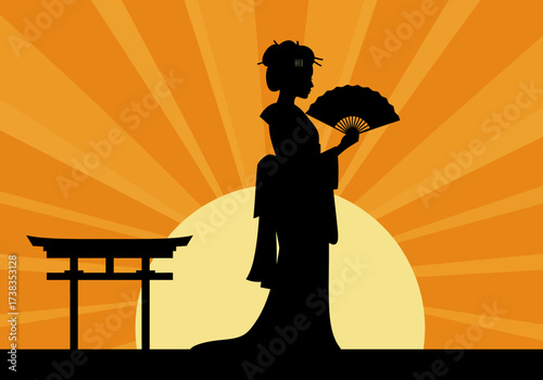 Silhouette of a Geisha with Fan and Torii Gate at Sunset.
