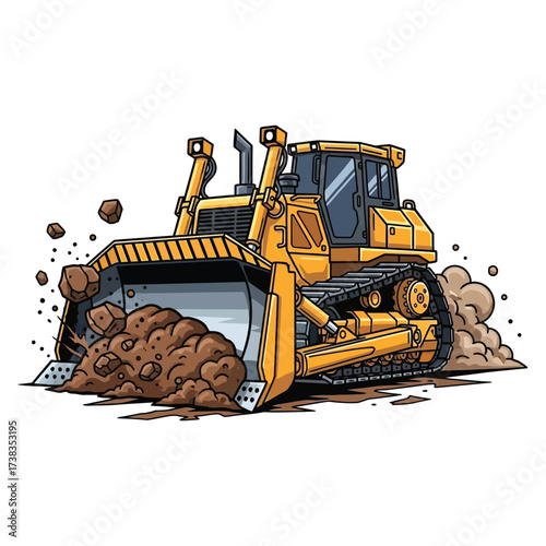 Powerful yellow bulldozer aggressively pushing dirt and rocks, showcasing construction and heavy machinery in action with dynamic energy