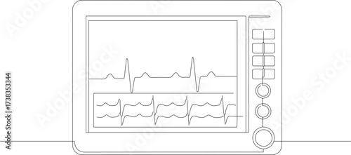 Line Art Detailed Medical Monitor Displaying Heart Rhythm Vital Signs
