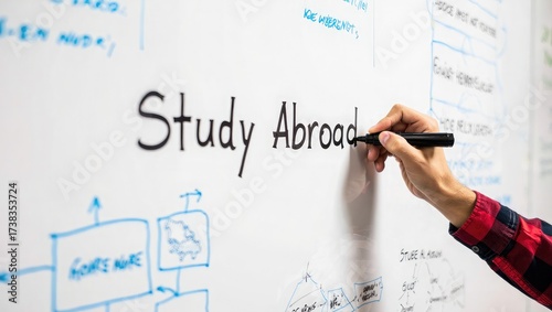Hand Writing Study Abroad on Whiteboard with Diagrams
