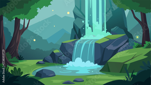 A sparkling waterfall emerging from the mossy rocks creating a serene ambiance in the forest.