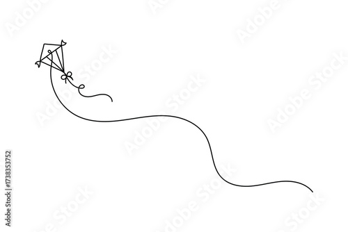 Minimalist one line art of kites flying in the sky with birds and a boy holding string. Simple outline sketch for design, print, and illustration