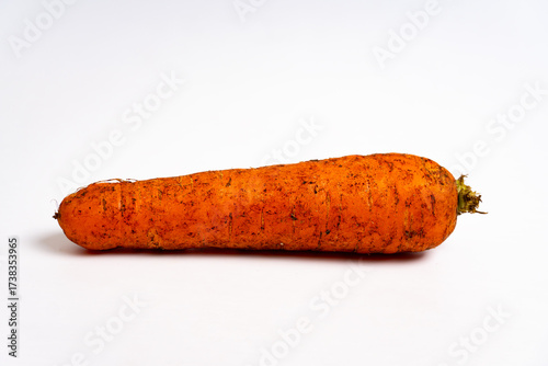 Single fresh dirty carrot. Freshly dug carrots. Dirty carrot with ground isolated on white background.