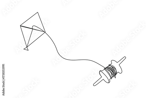 Minimalist one line art of kites flying in the sky with birds and a boy holding string. Simple outline sketch for design, print, and illustration