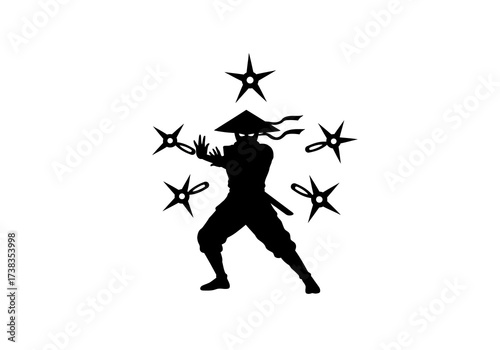 Silhouette of Ninja Warrior with Throwing Stars.