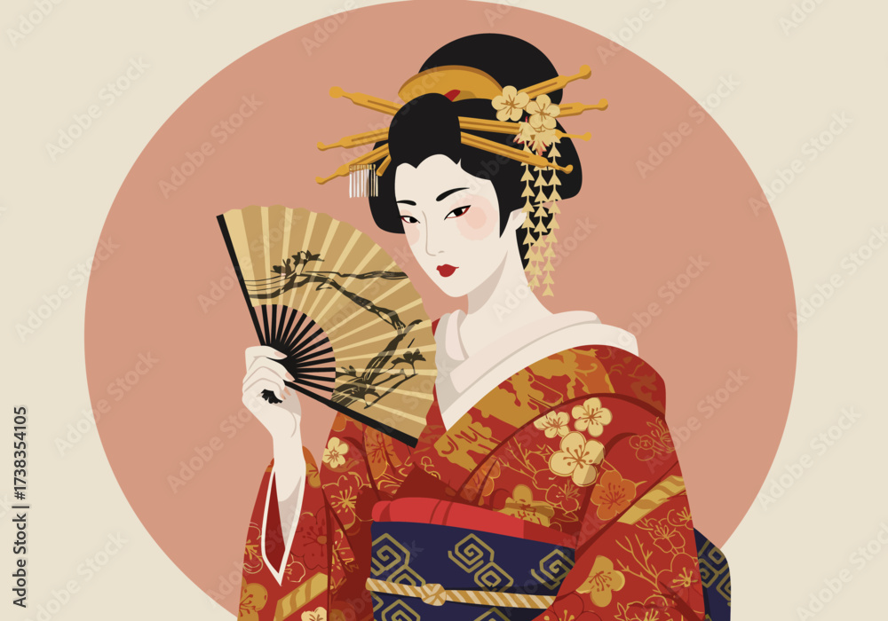 Obraz premium Elegant Geisha with Fan in Traditional Kimono.