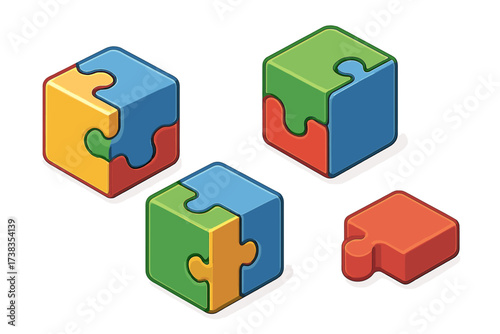 Isometric 3D puzzle cube icons. Jigsaw strategy concept. Business teamwork and connection metaphor. Problem solving and solution. Integration. Vector elements for education.