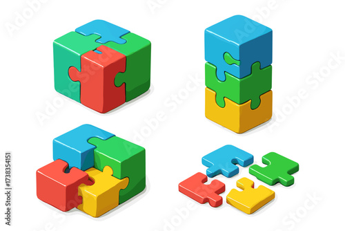Set of 3D jigsaw puzzle cubes. Colorful block pieces for business strategy, teamwork, problem solving. Concept of connection, integration, solution. Isometric icons.