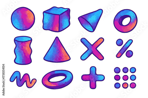 Y2K 3D geometric shapes collection. Abstract trendy universal elements in retrofuturism memphis and vaporwave style. Distorted objects with gradient and halftone texture.