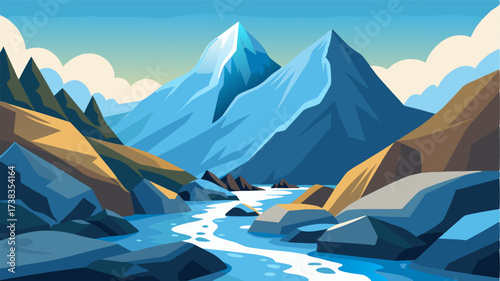 High up in the alpine landscape a cold mountain stream rushes over smooth rocks and glistens in the warm sunlight.