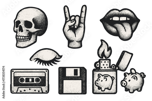 Retro grunge sticker pack. Collection of vintage 80s and 90s icons. Skull, rock hand, cassette tape, floppy disk, and lighter. Old school tattoo flash style elements.