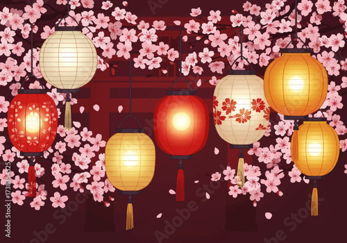 Colorful Asian Lanterns with Cherry Blossoms Illustration.
