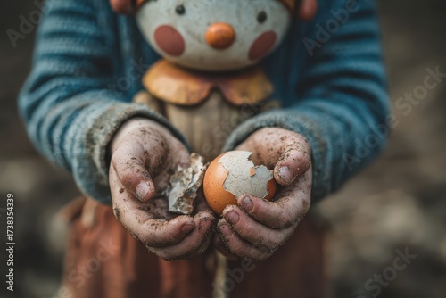 Child holding cracked egg with vintage toy outdoor setting emotional capture earthy environment close-up view