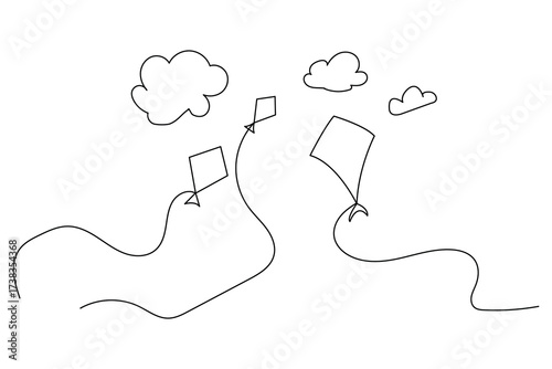 Minimalist one line art of kites flying in the sky with birds and a boy holding string. Simple outline sketch for design, print, and illustration