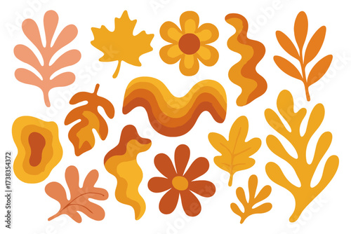 Autumn groovy natural shapes in Matisse curves aesthetic. Groovy abstract fall art set. Organic doodle shapes in trendy naive retro hippie 60s 70s style. Botanic elements.