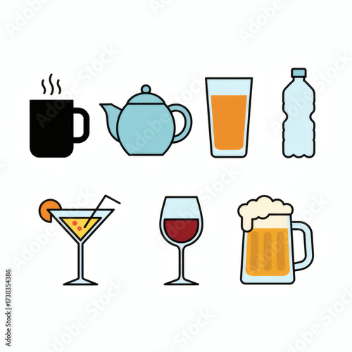 Beverage and drink icons isolated on white background
