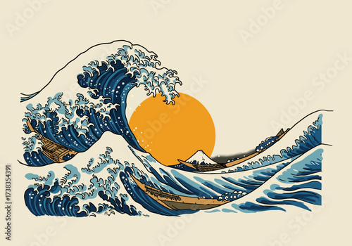 The Great Wave off Kanagawa Inspired Illustration with Boats and Sun.