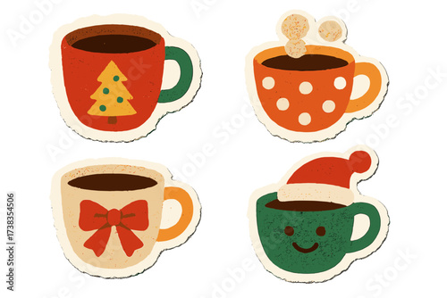 Set of cute Christmas coffee mugs. Festive holiday hot chocolate cups collection. Vector illustration in torn paper sticker style. Cartoon design with tree, bow, Santa hat.