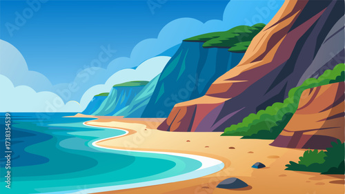 A secluded cove bordered by towering cliffs its pristine sandy beach constantly reshaped by the ebb and flow of the tides.