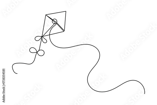 Minimalist one line art of kites flying in the sky with birds and a boy holding string. Simple outline sketch for design, print, and illustration