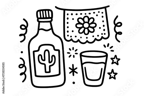 Cinco de Mayo doodle. Bottle of tequila with glass and Papel Picado. Isolated black over white vector cartoon illustration. Mexican party sticker for festive holiday design.