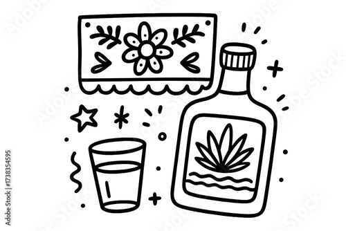 Cinco de Mayo sticker doodle. Tequila bottle with shot glass and Papel Picado. Mexican fiesta celebration. Hand drawn vector line art. Isolated illustration for party or holiday.