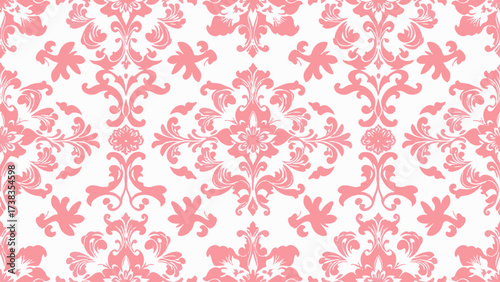 Elegant pink damask pattern on white background, perfect for vintage-themed textiles, wallpapers, and invitations with a classic ornamental touch.