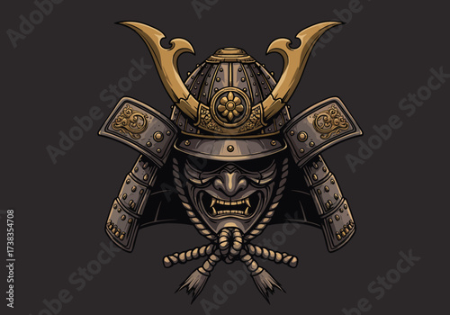 Detailed Samurai Helmet with Menacing Mask and Golden Accents.