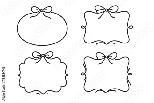 Coquettish elegant decorative frames set with thin ribbon bow design. Flowing hand-drawn contours. Vector flat illustration for invitations, cards, labels and text boxes.