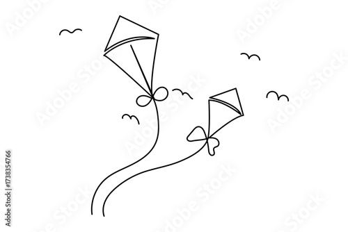 Minimalist one line art of kites flying in the sky with birds and a boy holding string. Simple outline sketch for design, print, and illustration
