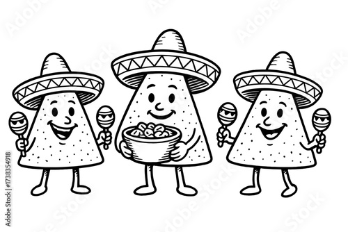 Funny retro characters Nachos with salsa sauce. Mexican food mascot. Nacho chips in sombrero hats with maracas. Cinco de Mayo party concept. Vector contour hand drawn cartoon.