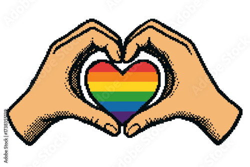 Pixel art hands making a heart shape with a rainbow inside. Halftone vintage 8-bit graphic for Pride month. LGBTQ community love, equality and support symbol. Gay pride flag.