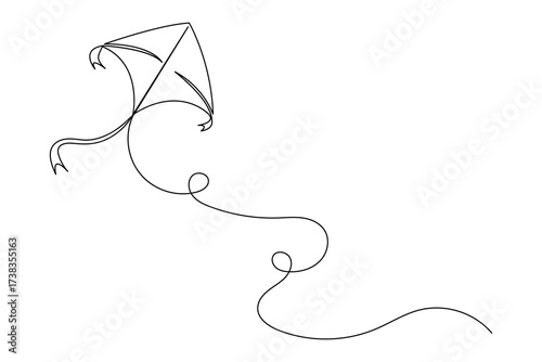 Minimalist one line art of kites flying in the sky with birds and a boy holding string. Simple outline sketch for design, print, and illustration
