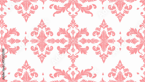 Elegant pink damask pattern on white background, perfect for vintage-themed textiles, wallpapers, and invitations with a classic ornamental touch.