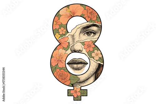 International Women's Day 8 March vector. Venus symbol with floral collage of woman's face. Retro mixed media art for feminism, empowerment, and gender equality concept.