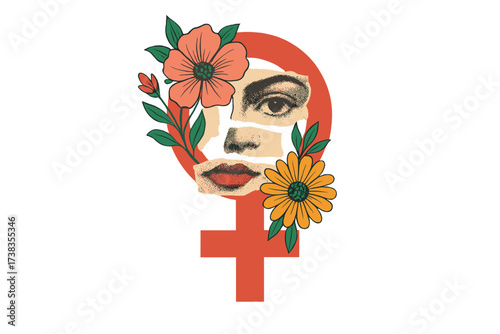 International Women's Day vector collage. Female gender symbol with flowers and torn paper face. Mixed media banner concept for feminism, empowerment, women's rights, equality.
