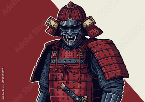 Illustration of a Samurai Warrior in Full Armor with a Demonic Mask.