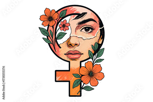 Female symbol collage with woman face and flowers. Vector for International Women's Day, feminism, and girl power. Mixed media art with torn paper and halftone texture.
