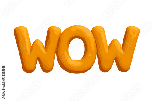 Wow word in 3d plasticine style. Handmade orange clay lettering. Realistic render of bold typography. Creative volume text for surprise, sale or promotion design element.