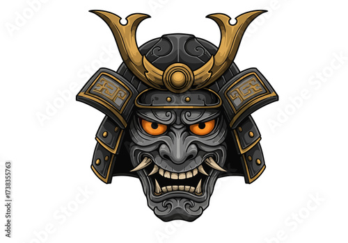 Detailed Samurai Mask with Golden Accents and Fierce Expression.