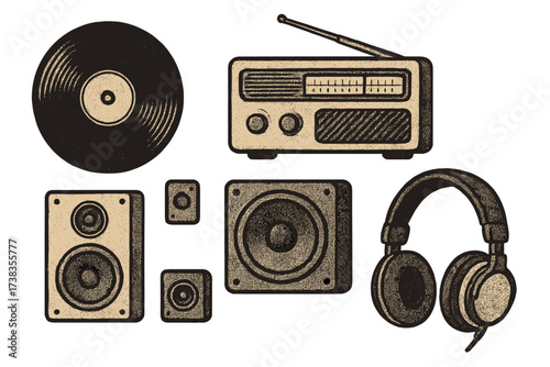 Retro music vector set. Vintage halftone vinyl record, radio, speakers, headphones. Dotted zine collage elements. Old school audio equipment icon collection for design.