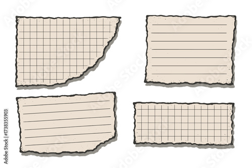Set of torn paper scraps with ripped edges. Lined and grid notebook paper pieces for collage or scrapbook. Vintage grunge texture element. Vector retro note or memo background.