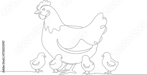 Continuous Line Drawing of Chicken with Chicks Minimalist Farm Animal