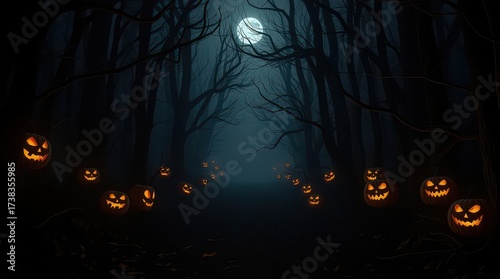 A spooky halloween night with glowing jackolanterns in a dark forest