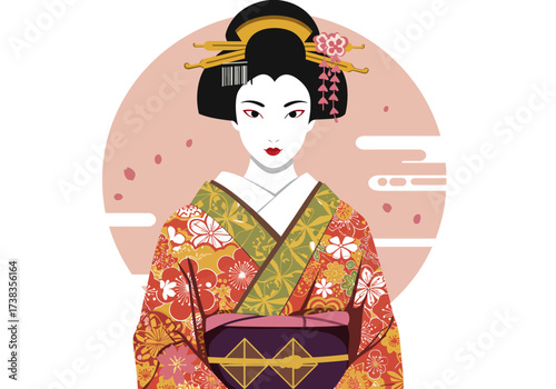Elegant Geisha Portrait with Floral Kimono and Traditional Hairstyle.