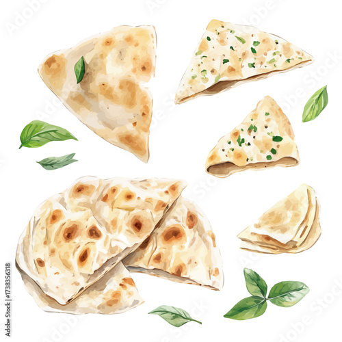 A high-quality watercolor illustration of flatbread , with fine brush details, a painting set in watercolor style, a plant set, EPS format, hand-drawn, isolated on a white background