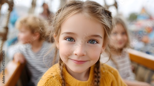 Cheerful Girl with Braids Smiling in a Fun Amusement Park Scene