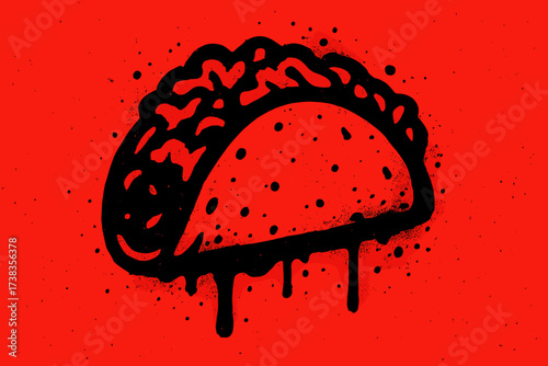 Taco graffiti street art illustration. Mexican food icon. Fast food symbol. Urban spray paint stencil with drips and splatters. Grunge vector graphic design element on red.