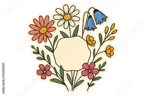 Retro floral greeting card template. Vintage Mothers day sticker design with wild spring flowers. Paper clipping collage with halftone texture. Vector frame for celebration message.