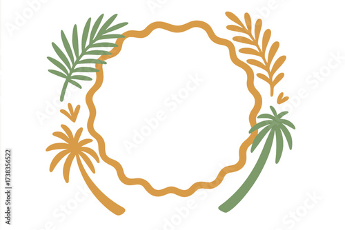 Wavy groovy round frame with tropical palm trees. Simple floral botanic wreath in boho naive style. Hand-drawn summer design template for modern print and logo. Vector.